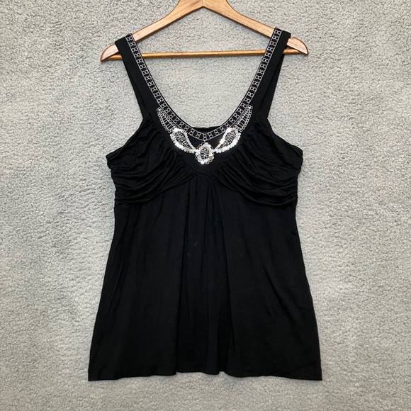 Cable & Gauge Tops - Y2K VTG Cable & Gauge Tank Top XL Black Sequin V-Neck Ruched Smocked Babydoll